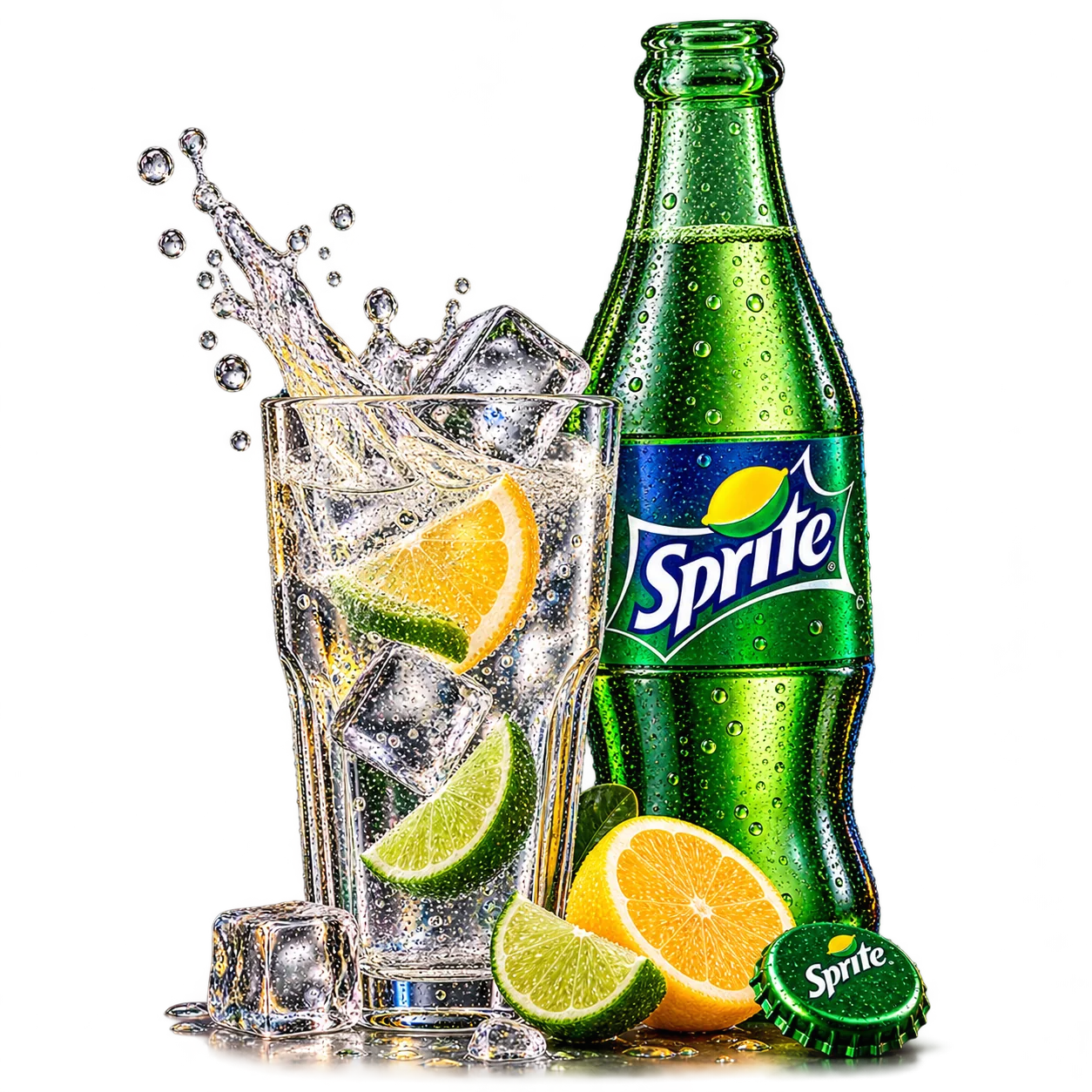 Otvoreni Sprite 0.25 l sa čašom, ledom, limunom i limetom