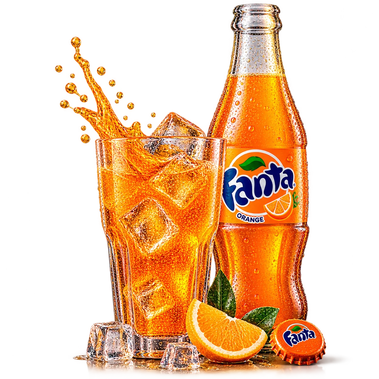 Otvorena Fanta Orange 0.25 l sa čašom, ledom i narandžom